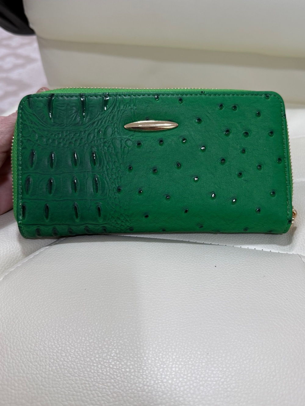 Structured Green Faux-Ostrich Satchel 2 way with bonus wallet brand new - Picture 4 of 12
